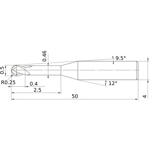 0.5 mm Dia. × 4 mm Shank × 0.4 mm DOC × 50 mm OAL, Carbide Impact Miracle, 2 Flute, 30° Helix, Ballnose End Mill VF2XLBR0025N025S04