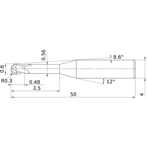 0.6 mm Dia. × 4 mm Shank × 0.48 mm DOC × 50 mm OAL, Carbide Impact Miracle, 2 Flute, 30° Helix, Ballnose End Mill VF2XLBR0030N035S04