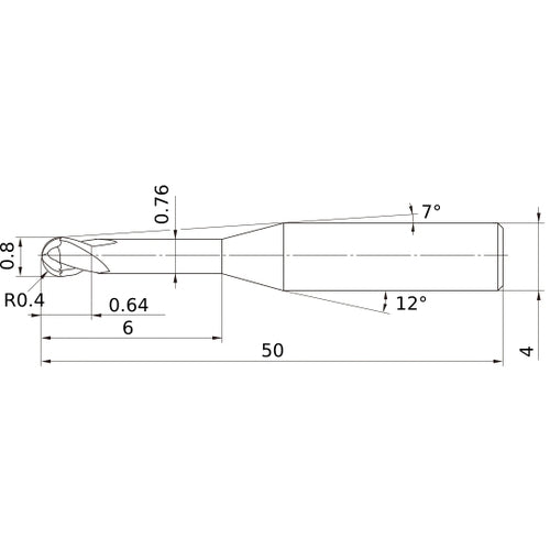 0.8 mm Dia. × 4 mm Shank × 0.64 mm DOC × 50 mm OAL, Carbide Impact Miracle, 2 Flute, 30° Helix, Ballnose End Mill VF2XLBR0040N060S04