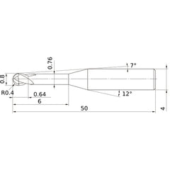 0.8 mm Dia. × 4 mm Shank × 0.64 mm DOC × 50 mm OAL, Carbide Impact Miracle, 2 Flute, 30° Helix, Ballnose End Mill VF2XLBR0040N060S04