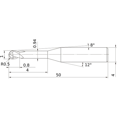 1 mm Dia. × 4 mm Shank × 0.8 mm DOC × 50 mm OAL, Carbide Impact Miracle, 2 Flute, 30° Helix, Ballnose End Mill VF2XLBR0050N040S04