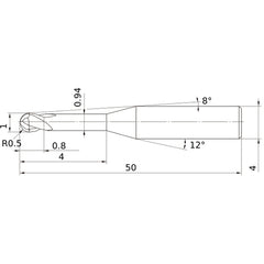 1 mm Dia. × 4 mm Shank × 0.8 mm DOC × 50 mm OAL, Carbide Impact Miracle, 2 Flute, 30° Helix, Ballnose End Mill VF2XLBR0050N040S04