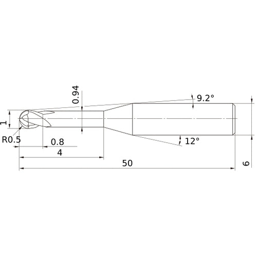1 mm Dia. × 6 mm Shank × 0.8 mm DOC × 50 mm OAL, Carbide Impact Miracle, 2 Flute, 30° Helix, Ballnose End Mill VF2XLBR0050N040S06