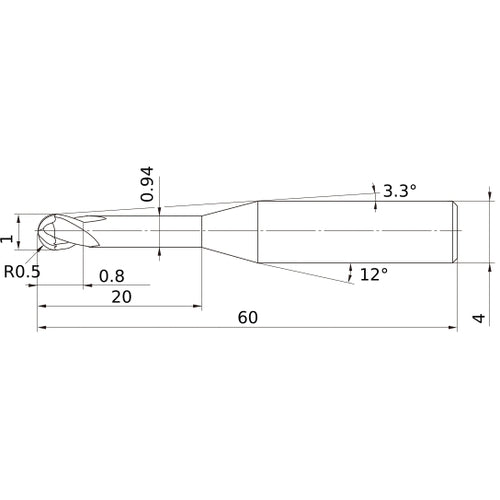 1 mm Dia. × 4 mm Shank × 0.8 mm DOC × 60 mm OAL, Carbide Impact Miracle, 2 Flute, 30° Helix, Ballnose End Mill VF2XLBR0050N200S04