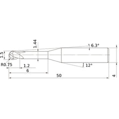 1.5 mm Dia. × 4 mm Shank × 1.2 mm DOC × 50 mm OAL, Carbide Impact Miracle, 2 Flute, 30° Helix, Ballnose End Mill VF2XLBR0075N060S04