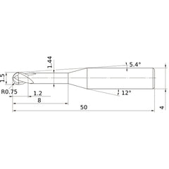 1.5 mm Dia. × 4 mm Shank × 1.2 mm DOC × 50 mm OAL, Carbide Impact Miracle, 2 Flute, 30° Helix, Ballnose End Mill VF2XLBR0075N080S04