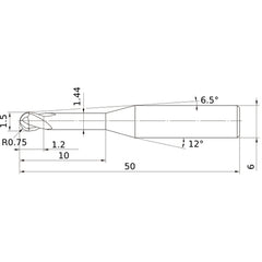1.5 mm Dia. × 6 mm Shank × 1.2 mm DOC × 50 mm OAL, Carbide Impact Miracle, 2 Flute, 30° Helix, Ballnose End Mill VF2XLBR0075N100S06