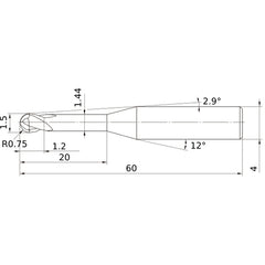 1.5 mm Dia. × 4 mm Shank × 1.2 mm DOC × 60 mm OAL, Carbide Impact Miracle, 2 Flute, 30° Helix, Ballnose End Mill VF2XLBR0075N200S04