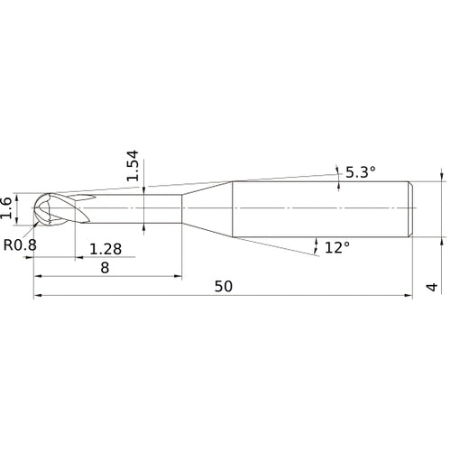 1.6 mm Dia. × 4 mm Shank × 1.28 mm DOC × 50 mm OAL, Carbide Impact Miracle, 2 Flute, 30° Helix, Ballnose End Mill VF2XLBR0080N080S04