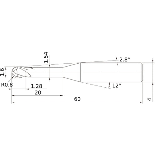 1.6 mm Dia. × 4 mm Shank × 1.28 mm DOC × 60 mm OAL, Carbide Impact Miracle, 2 Flute, 30° Helix, Ballnose End Mill VF2XLBR0080N200S04