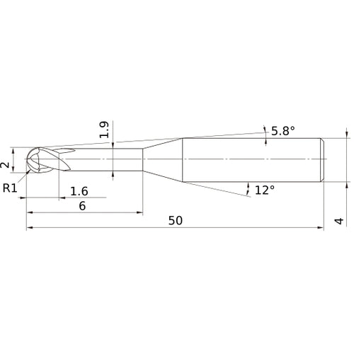 2 mm Dia. × 4 mm Shank × 1.6 mm DOC × 50 mm OAL, Carbide Impact Miracle, 2 Flute, 30° Helix, Ballnose End Mill VF2XLBR0100N060S04