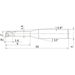 2 mm Dia. × 4 mm Shank × 1.6 mm DOC × 50 mm OAL, Carbide Impact Miracle, 2 Flute, 30° Helix, Ballnose End Mill VF2XLBR0100N060S04