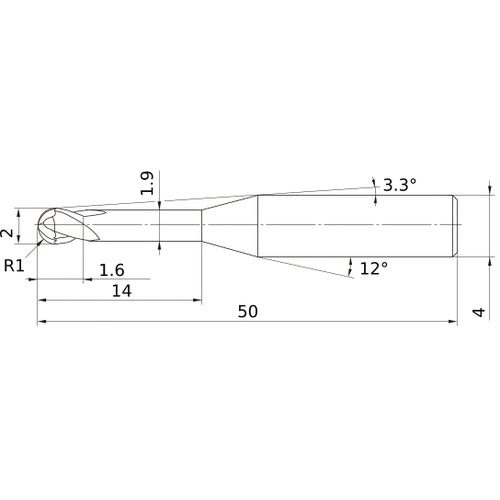 2 mm Dia. × 4 mm Shank × 1.6 mm DOC × 50 mm OAL, Carbide Impact Miracle, 2 Flute, 30° Helix, Ballnose End Mill VF2XLBR0100N140S04