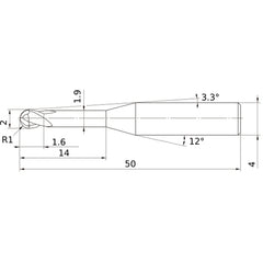 2 mm Dia. × 4 mm Shank × 1.6 mm DOC × 50 mm OAL, Carbide Impact Miracle, 2 Flute, 30° Helix, Ballnose End Mill VF2XLBR0100N140S04