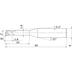 2 mm Dia. × 6 mm Shank × 1.6 mm DOC × 50 mm OAL, Carbide Impact Miracle, 2 Flute, 30° Helix, Ballnose End Mill VF2XLBR0100N140S06