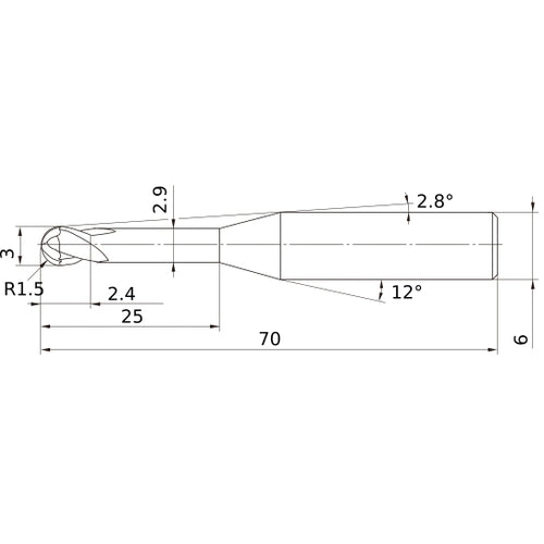 3 mm Dia. × 6 mm Shank × 2.4 mm DOC × 70 mm OAL, Carbide Impact Miracle, 2 Flute, 30° Helix, Ballnose End Mill VF2XLBR0150N250S06