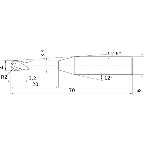 4 mm Dia. × 6 mm Shank × 3.2 mm DOC × 70 mm OAL, Carbide Impact Miracle, 2 Flute, 30° Helix, Ballnose End Mill VF2XLBR0200N200S06