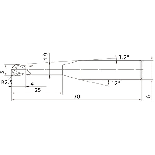 5 mm Dia. × 6 mm Shank × 4 mm DOC × 70 mm OAL, Carbide Impact Miracle, 2 Flute, 30° Helix, Ballnose End Mill VF2XLBR0250N250S06