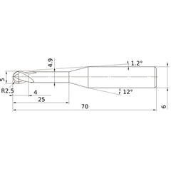 5 mm Dia. × 6 mm Shank × 4 mm DOC × 70 mm OAL, Carbide Impact Miracle, 2 Flute, 30° Helix, Ballnose End Mill VF2XLBR0250N250S06