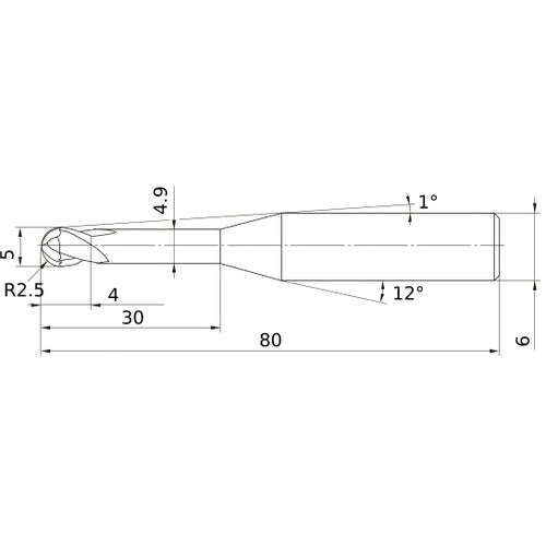 5 mm Dia. × 6 mm Shank × 4 mm DOC × 80 mm OAL, Carbide Impact Miracle, 2 Flute, 30° Helix, Ballnose End Mill VF2XLBR0250N300S06