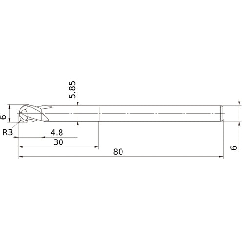 6 mm Dia. × 6 mm Shank × 4.8 mm DOC × 80 mm OAL, Carbide Impact Miracle, 2 Flute, 30° Helix, Ballnose End Mill VF2XLBR0300N300S06