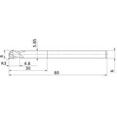 6 mm Dia. × 6 mm Shank × 4.8 mm DOC × 80 mm OAL, Carbide Impact Miracle, 2 Flute, 30° Helix, Ballnose End Mill VF2XLBR0300N300S06