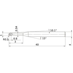 1 mm Dia. × 4 mm Shank × 0.8 mm DOC × 40 mm OAL, Carbide 2 Flute, 30° Helix, Ballnose End Mill VF2XLBSR0050N030