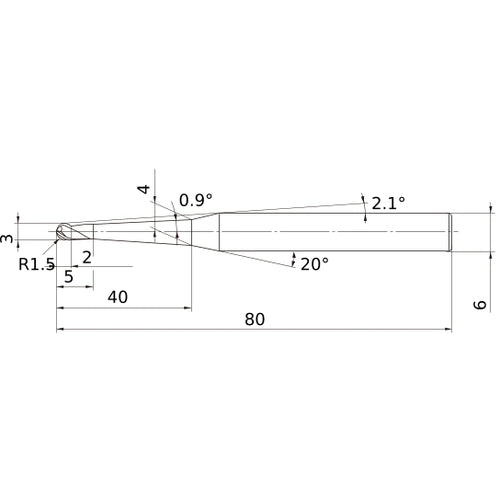 3 mm Dia. × 6 mm Shank × 2 mm DOC × 80 mm OAL, Carbide 3 Flute, 30° Helix, Ballnose End Mill VF3XBR0150T0054L040