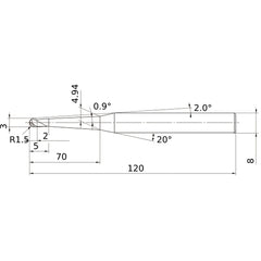 3 mm Dia. × 8 mm Shank × 2 mm DOC × 120 mm OAL, Carbide 3 Flute, 30° Helix, Ballnose End Mill VF3XBR0150T0054L070