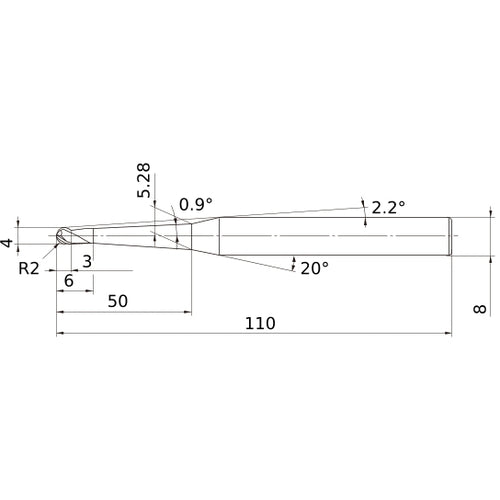 4 mm Dia. × 8 mm Shank × 3 mm DOC × 110 mm OAL, Carbide 3 Flute, 30° Helix, Ballnose End Mill VF3XBR0200T0054L050