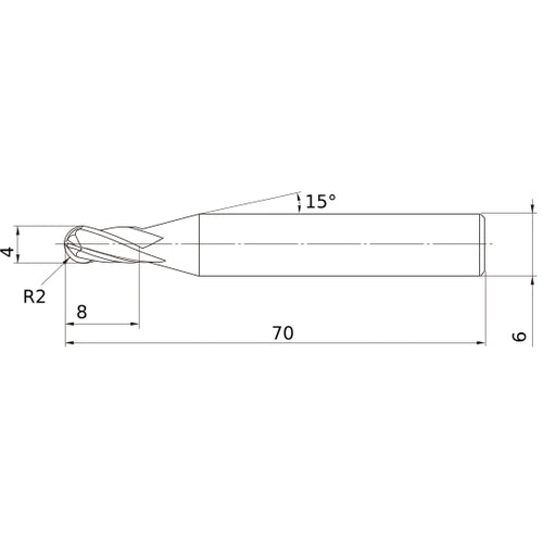 4 mm Dia. × 6 mm Shank × 8 mm DOC × 70 mm OAL, Carbide 4 Flute, 30° Helix, Ballnose End Mill VF4MBR0200