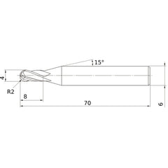 4 mm Dia. × 6 mm Shank × 8 mm DOC × 70 mm OAL, Carbide 4 Flute, 30° Helix, Ballnose End Mill VF4MBR0200