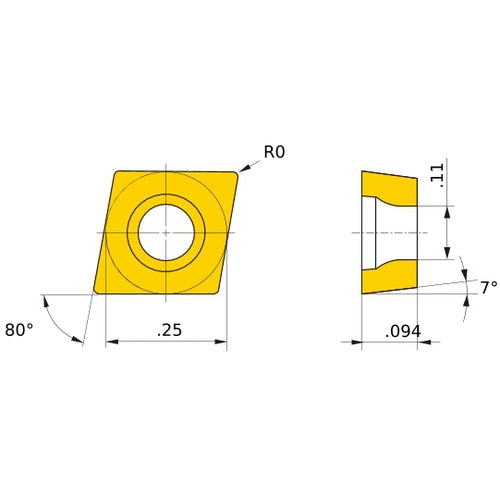 CCGW 21.5 flat_top NX2525, 0 mm Corner Radius, 2.38 mm Thick, 6.35 mm Inscribed Circle, Turning Indexable Insert