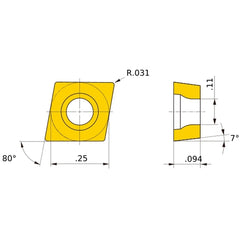 CCMT 21.52 LM MP7035, 0.8 mm Corner Radius, 2.38 mm Thick, 6.35 mm Inscribed Circle, Turning Indexable Insert