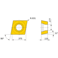 CPMH 322 FV MP3025, 0.8 mm Corner Radius, 3.18 mm Thick, 9.525 mm Inscribed Circle, Turning Indexable Insert