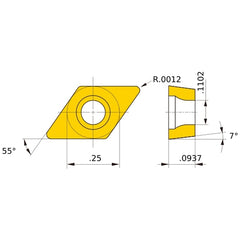 DCET 21.5 R-SR VP15TF, 0.03 mm Corner Radius, 2.38 mm Thick, 6.35 mm Inscribed Circle, Turning Indexable Insert