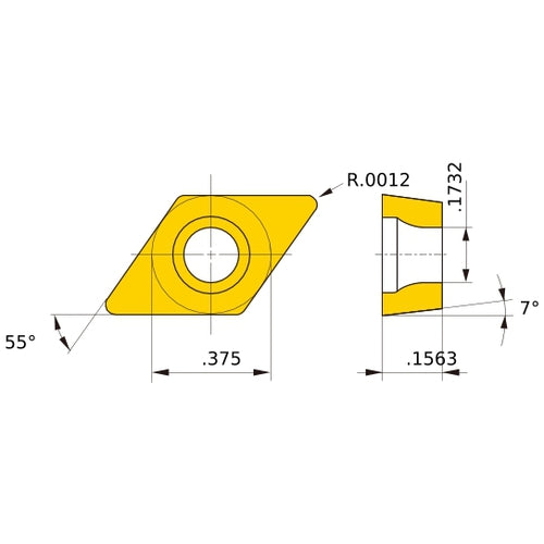 DCET 32.5 L-SR HTi10, 0.03 mm Corner Radius, 3.97 mm Thick, 9.525 mm Inscribed Circle, Turning Indexable Insert