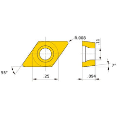 DCMT 21.50.5 standard US735, 0.2 mm Corner Radius, 2.38 mm Thick, 6.35 mm Inscribed Circle, Turning Indexable Insert