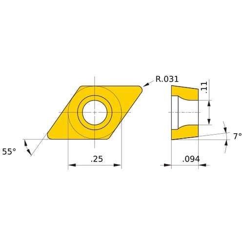 DCMT 21.52 SV US735, 0.8 mm Corner Radius, 2.38 mm Thick, 6.35 mm Inscribed Circle, Turning Indexable Insert