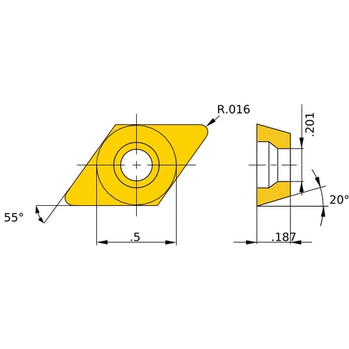 DEGX 431 R-F HTi10, 1/64″ Corner Radius, 3/16″ Thick, 1/2″ Inscribed Circle, Turning Indexable Insert